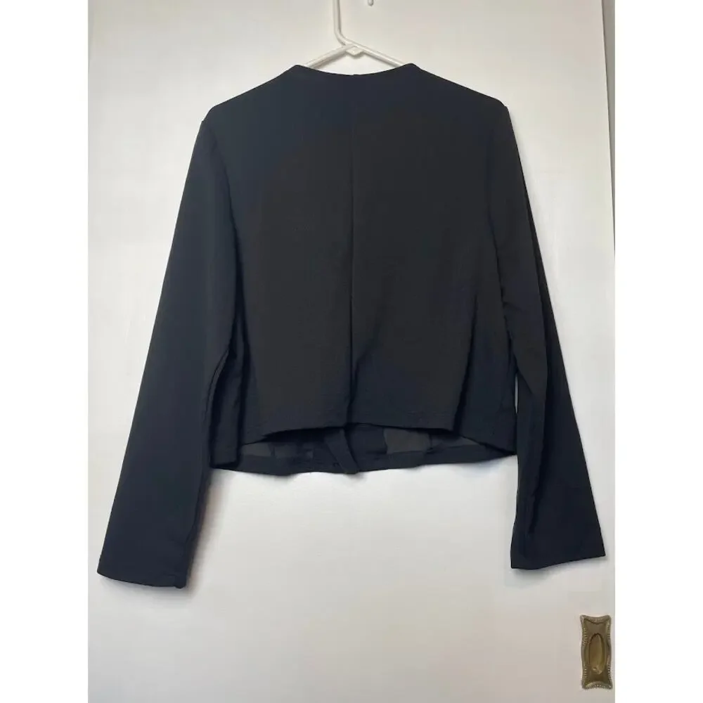 Women's Black Moto Jacket Minimalist Diagonal Silver Full Zip Cropped Size 1XL
